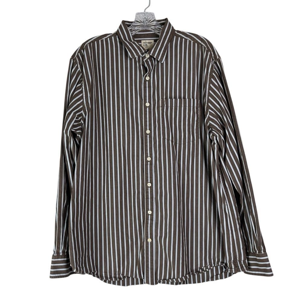 Old Navy Button Down Shirt Mens XL Brown Blue White Stripe Long Sleeve Casual